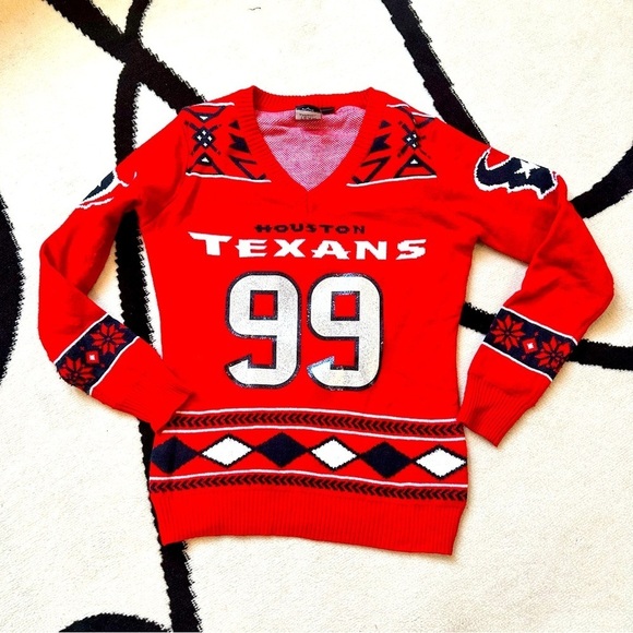 NFL team apparel Houston Texans JJ Watts crewneck red long sleeve knit sweater - Picture 1 of 7